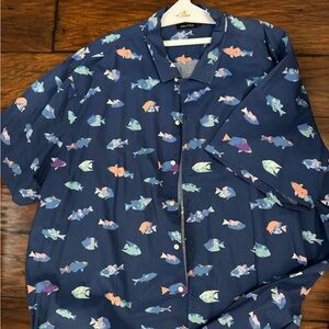 Nautica Blue Casual Button Down Shirt with Marine Life Pattern, 4XL